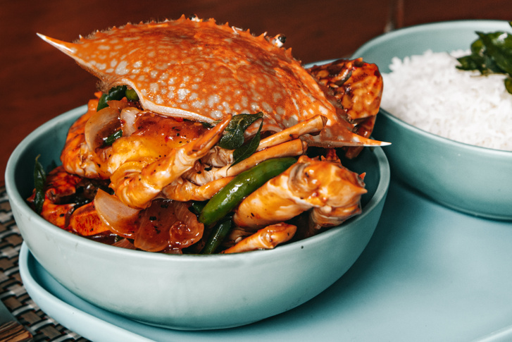 Seafood On Blue Ceramic Bowl